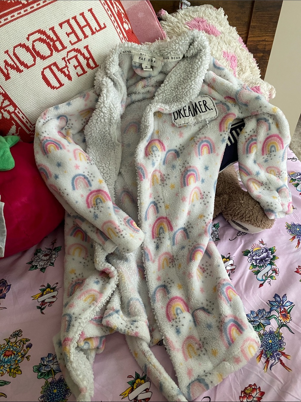 Rae Dunn Kids White Rainbow Sherpa Robe - Pink Yellow Blue Accents